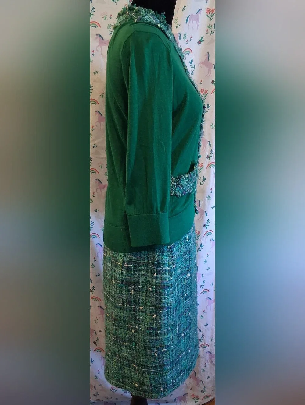 NWOT Kate Spade Green Silk & Cotton Knit Tweed Cardigan & Skirt Suit Set SZ M